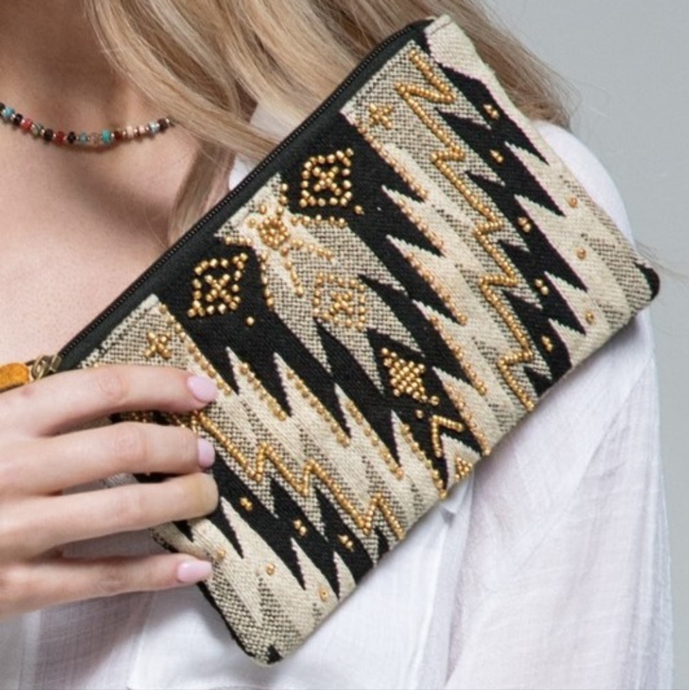 Handmade Hand Beaded Wristlet Clutch - Ethnic Inspired Design - Dyed Fine Cotton